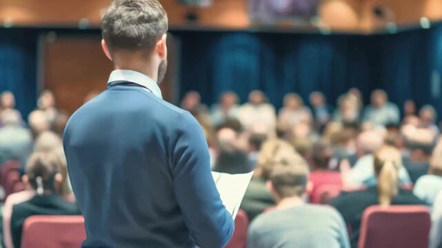 Man giving a presentation to a large audience in a hall