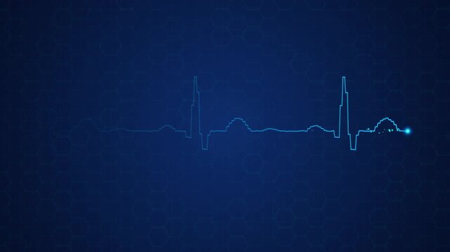Abstract digital medical background featuring a glowing heartbeat pulse line on a blue hexagonal pattern technology design element motion, animation, loop, video