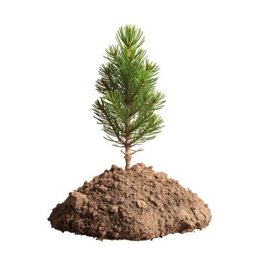 Small young pine sapling planted in soil isolated on white background