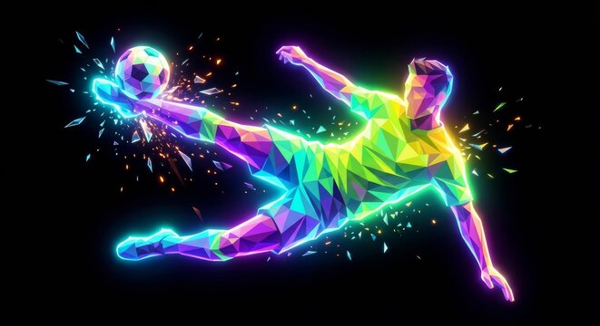 Geometric neon soccer player making a powerful overhead kick