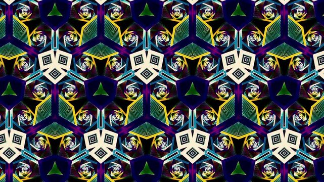 Abstract geometric kaleidoscope pattern with pink yellow and purple shapes symmetry design art motion
