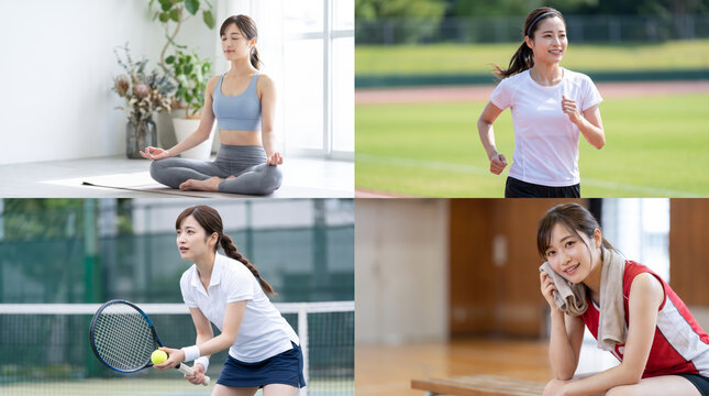 ヨガ ランニング テニス スポーツを楽しむ健康的な若年女性のコラージュ素材