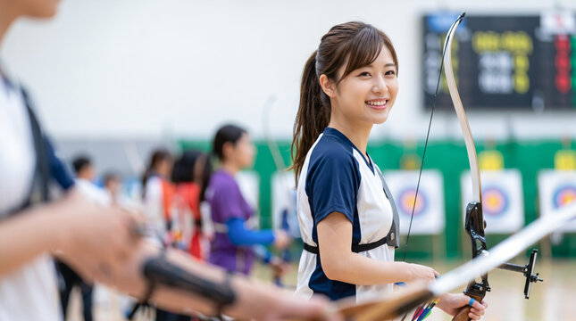 アーチェリーの弓を持つ笑顔の若い日本人女性 スポーツ選手