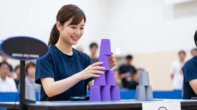スポーツスタッキングの競技に集中して挑む笑顔の女性選手