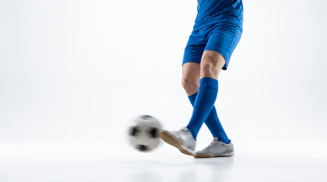 サッカーボールを蹴る男性選手の足元とシュートの瞬間 白背景