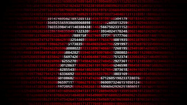 Abstract digital background featuring a 71 number shape formed by bright white numbers against a flowing red numerical stream alphabet data code technology math