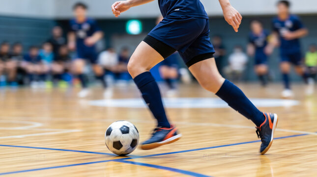 インドアサッカーでボールをドリブルする選手の足元のクローズアップ