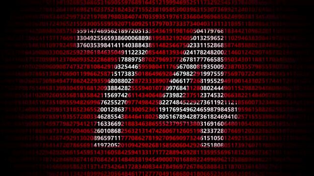 Abstract digital background featuring a 74 number shape formed by bright white numbers against a flowing red numerical stream alphabet data code technology math