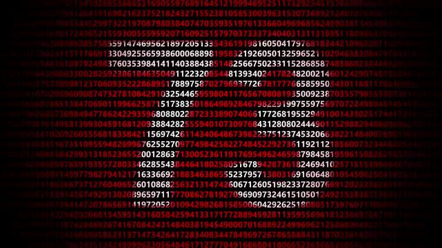 Abstract digital background featuring a 73 number shape formed by bright white numbers against a flowing red numerical stream alphabet data code technology math