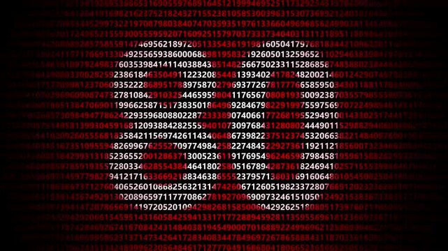 Abstract digital background featuring a 80 number shape formed by bright white numbers against a flowing red numerical stream alphabet data code technology math