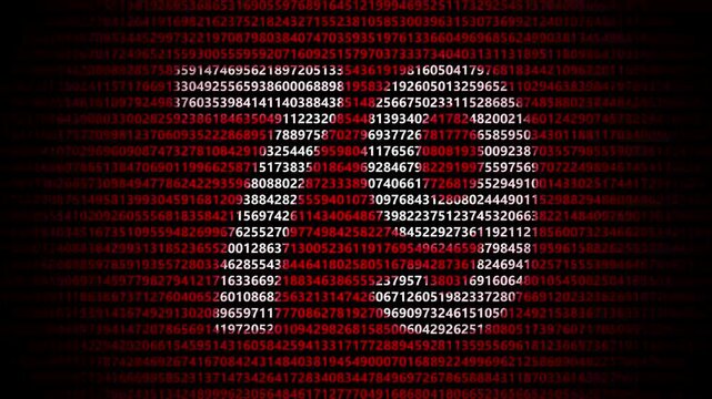Abstract digital background featuring a 79 number shape formed by bright white numbers against a flowing red numerical stream alphabet data code technology math