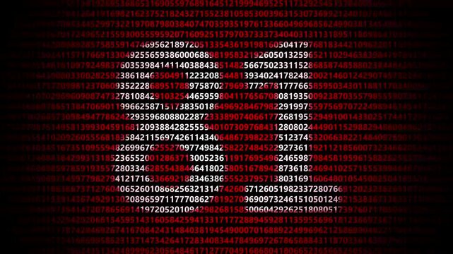 Abstract digital background featuring a 81 number shape formed by bright white numbers against a flowing red numerical stream alphabet data code technology math