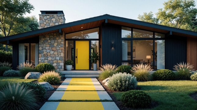 Modern home exterior features a bright yellow door, stone chimney, and dark wood siding. A concrete walkway with yellow accents leads to the entrance, surrounded by lush landscaping and tall trees.