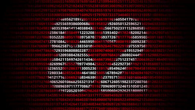 Abstract digital background featuring a 82 number shape formed by bright white numbers against a flowing red numerical stream alphabet data code technology math