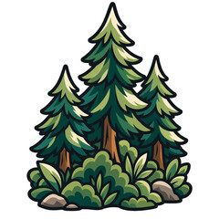 Fototapeta premium Evergreen Forest Ensemble: A stylized illustration depicts a trio of majestic evergreen trees standing tall amidst lush undergrowth and rocks, capturing the essence of a vibrant forest scene.