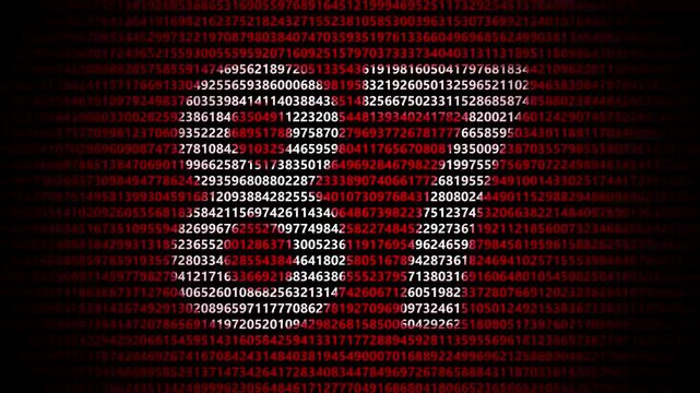Abstract digital background featuring a 87 number shape formed by bright white numbers against a flowing red numerical stream alphabet data code technology math