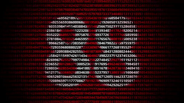 Abstract digital background featuring a 88 number shape formed by bright white numbers against a flowing red numerical stream alphabet data code technology math