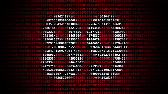 Abstract digital background featuring a 89 number shape formed by bright white numbers against a flowing red numerical stream alphabet data code technology math