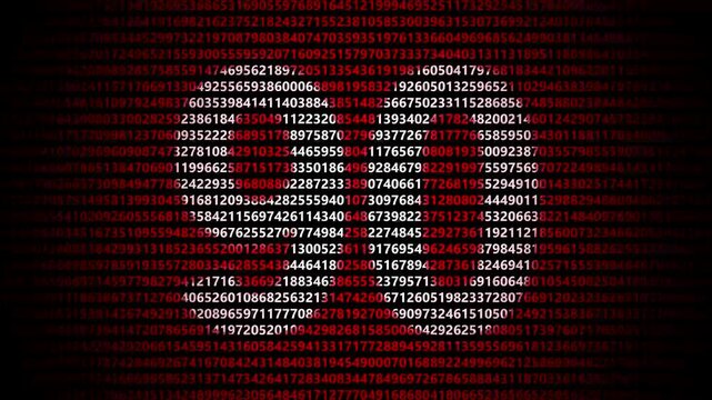 Abstract digital background featuring a 90 number shape formed by bright white numbers against a flowing red numerical stream alphabet data code technology math