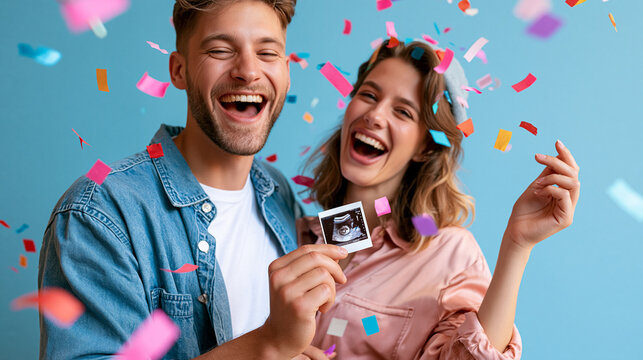 Happy couple celebrating pregnancy news holding a baby sonogram with confetti falling around them, with copy space