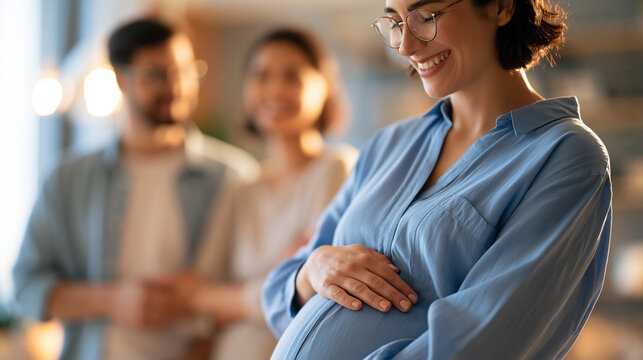 Surrogate mother holding her belly with a happy couple standing supportively in the background, surrogacy program and family happiness concept, with copy space