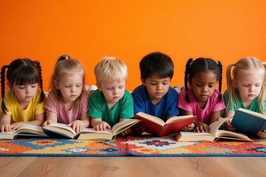 Diverse group of young children lie on a colorful rug, engrossed in reading books. They concentrate on pages, learning stories and information, enjoying quiet indoor leisure time.