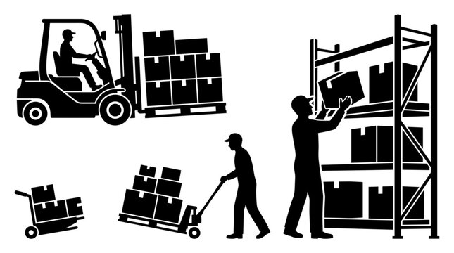 Warehouse logistics silhouette set with forklift, manual pallet jack, and worker stacking cardboard boxes on shelving units on a white background