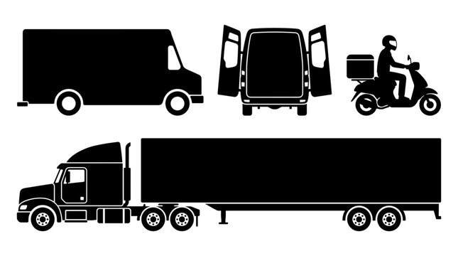 Black silhouette of delivery vehicles including a box truck, van with open doors, scooter with rider, and semi-trailer truck on a white background