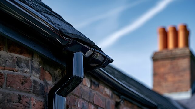 Close-up of traditional brick house roofline with rain gutter and downspout against blue sky