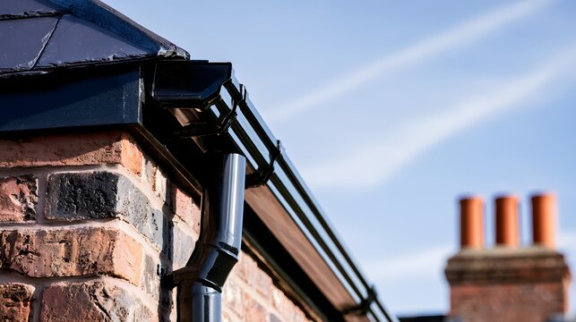 Black guttering and downpipe on a brick house roofline exterior detail