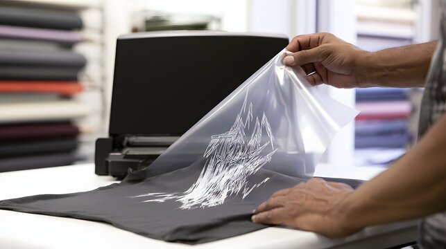 Person peeling heat transfer vinyl from custom printed t-shirt in a textile workshop.
