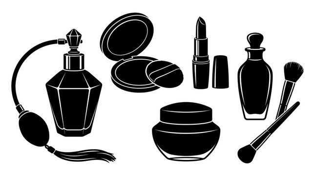 Black silhouette collection of cosmetic products including perfume bottle, powder compact, lipstick, cream jar, and makeup brushes on a white background