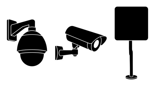 Black silhouette of dome security camera, bullet surveillance camera, and blank square sign on a white background