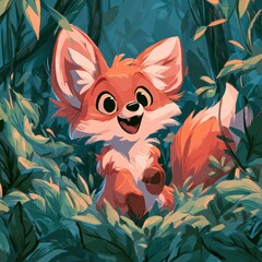 Naklejka premium A playful fox jumps around in the green leaves, showcasing its big eyes and bright orange fur in a forest environment.