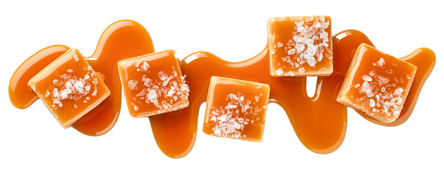 Delicious caramel squares with sea salt and flowing sauce isolated on transparent background