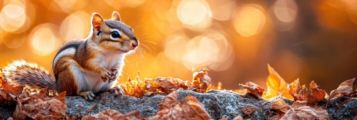 Fototapeta premium A chipmunk is perched on a weathered concrete wall, surrounded by fallen autumn leaves