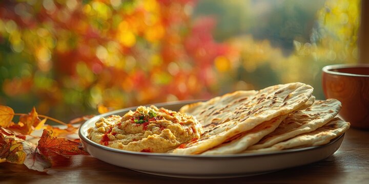 Plate of hummus served with pita bread