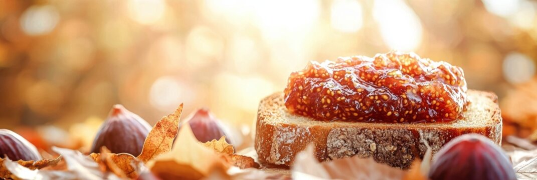 Close-up of toast topped with delicious fig jam on a plain background