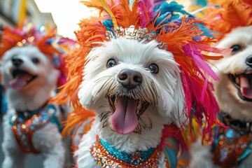 Naklejka premium Numerous white Spitz dogs with erect ears wearing festive costumes