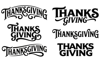 Set of six creative thanksgiving typography designs featuring elegant black calligraphy and decorative lettering styles for holiday cards and seasonal projects © Masuda