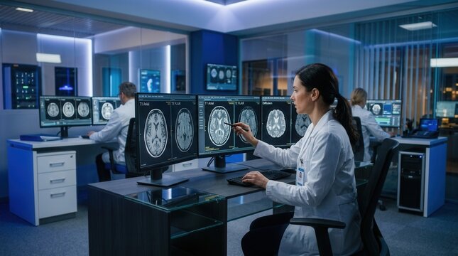 Medical Professionals Analyzing Brain Scans In A Modern Research Laboratory