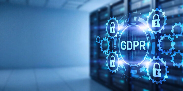 GDPR data protection concept with lock and gear icons in server room representing privacy regulation and cybersecurity compliance