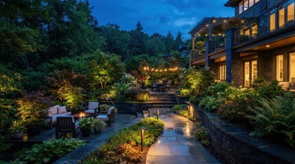 Fototapeta premium Luxury backyard patio with ambient lighting and lush landscaping at twilight
