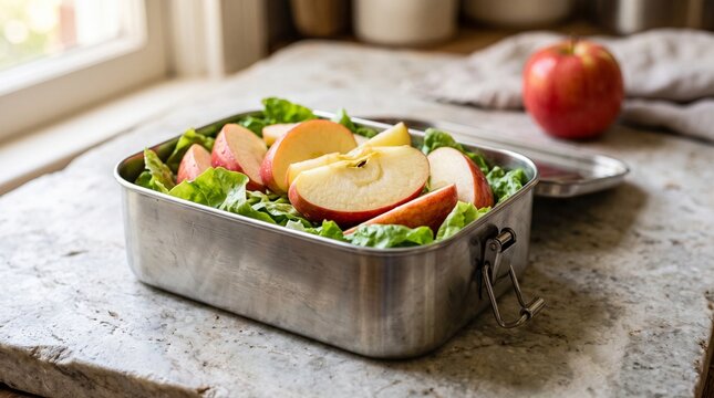 Fresh apple slices and crisp lettuce in a metal tray for healthy snack