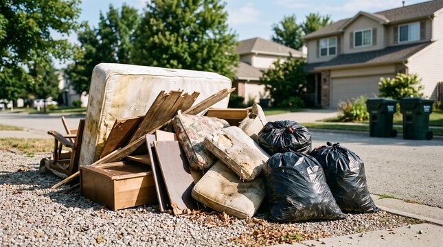 Piles of bulky waste and trash bags outside residential homes