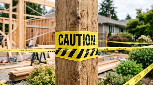 Construction Site Safety Tape Wrapped Around Tree for Hazard Warning
