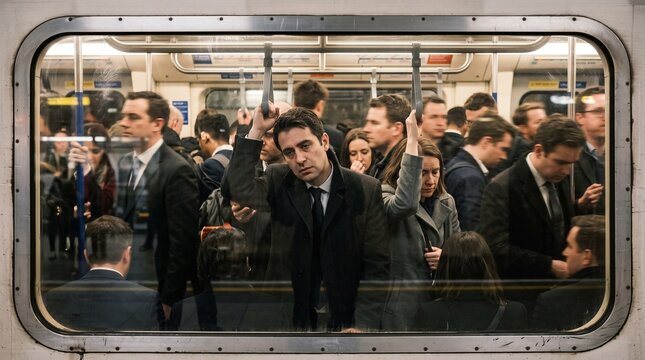 Crowded subway train with diverse commuters during rush hour