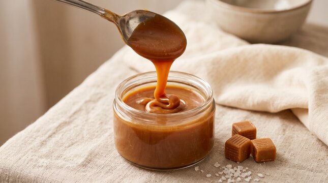 Pouring caramel sauce into jar for dessert topping or baking