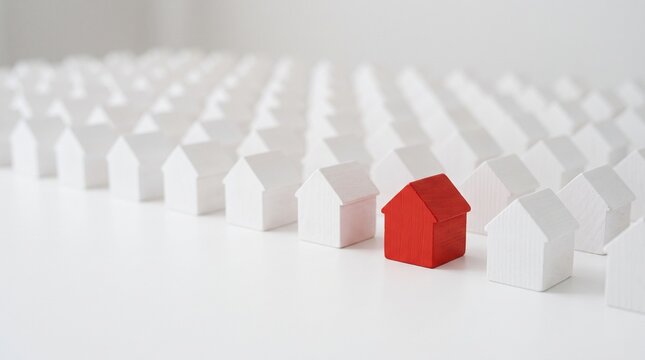 Red House Model Standing Out Among White Houses