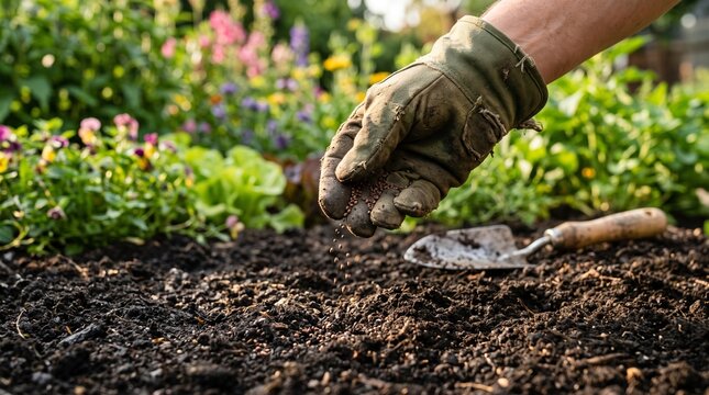 Hand in gardening glove planting seeds in fresh soil for organic vegetable garden growth